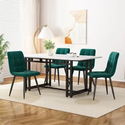 Ensemble Table et Chaises - Table Rectangulaire en MDF avec 4 Chaises en Velours, Pieds Métal Noir - Blanc et Vert Foncé