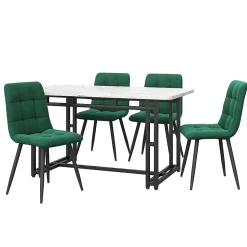 Ensemble Table et Chaises - Table Rectangulaire en MDF avec 4 Chaises en Velours, Pieds Métal Noir - Blanc et Vert Foncé