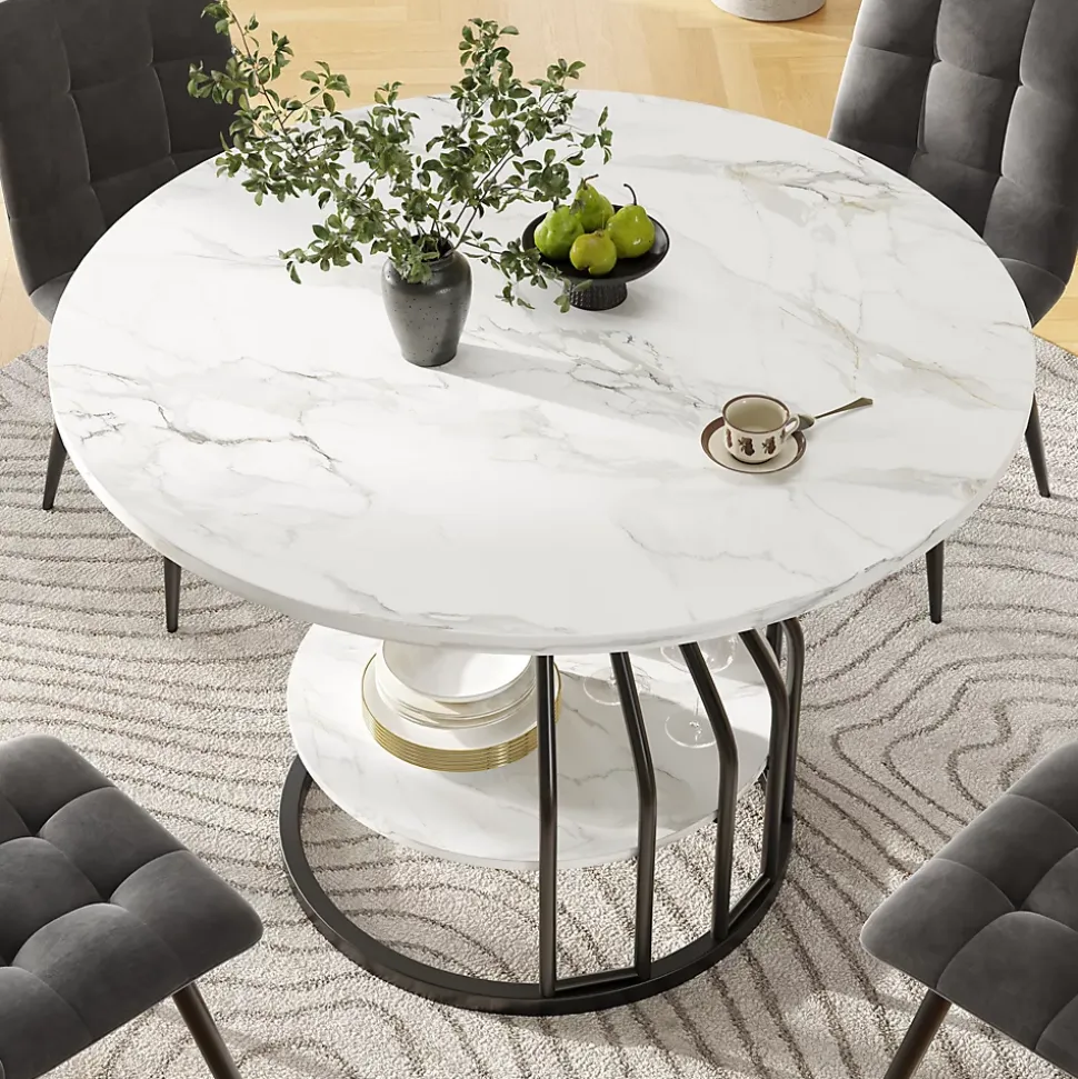 Ensemble table et chaises 80x80x76 cm table ronde avec 4 chaises en velours, plateau MDF effet marbre
