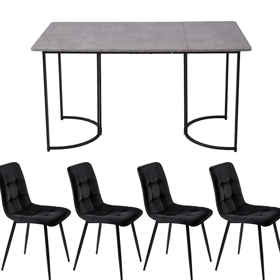 Ensemble table et chaises 140x80x75 cm avec 4 chaises assise rembourrée velours et structure métal