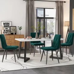 Ensemble Table et Chaises - Rectangulaire MDF avec 4 Chaises Velours, Pieds Métal Noir, Blanc & Vert Foncé, 117x68x75 cm