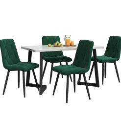 Ensemble Table et Chaises - Rectangulaire MDF avec 4 Chaises Velours, Pieds Métal Noir, Blanc & Vert Foncé, 117x68x75 cm