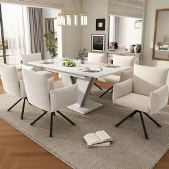 ensemble Table et Chaises Salle à Manger avec Table Extensible et 6 Chaises en Velours, 120/160 x 80 cm - Blanc et Beige