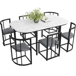 Ensemble table et chaises 180x90x75 cm avec 6 chaises, table MDF blanc, chaises velours gris, pied métal
