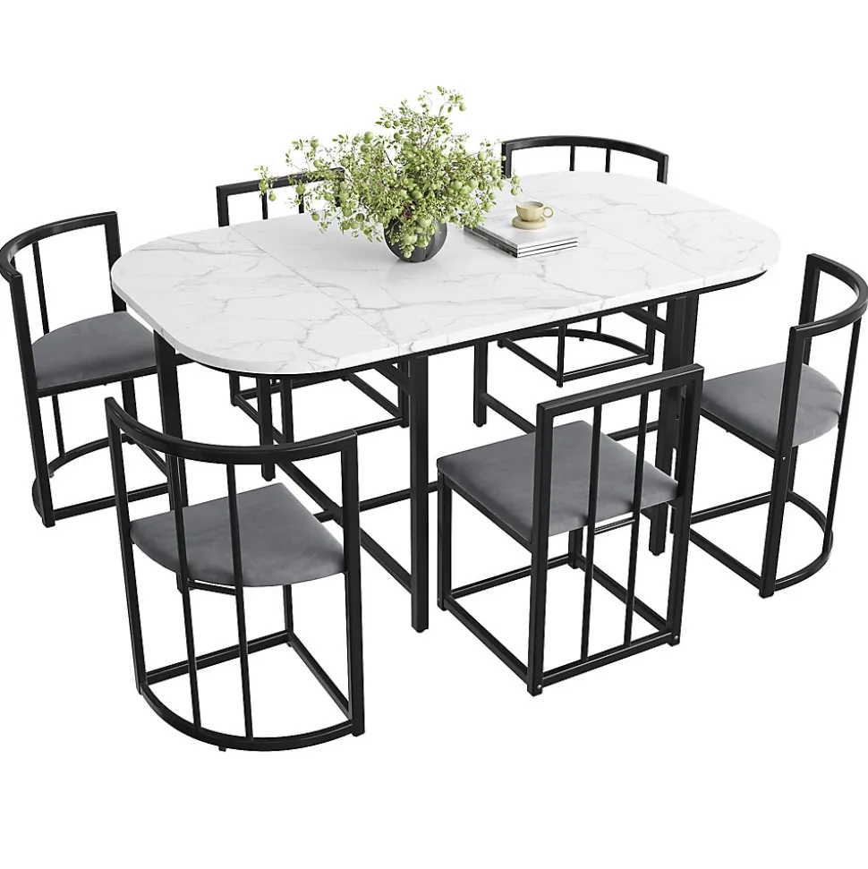 Ensemble table et chaises 180x90x75 cm avec 6 chaises, table MDF blanc, chaises velours gris, pied métal