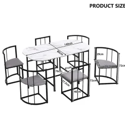 Ensemble table et chaises 180x90x75 cm avec 6 chaises, table MDF blanc, chaises velours gris, pied métal