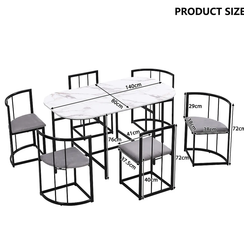 Ensemble table et chaises 180x90x75 cm avec 6 chaises, table MDF blanc, chaises velours gris, pied métal