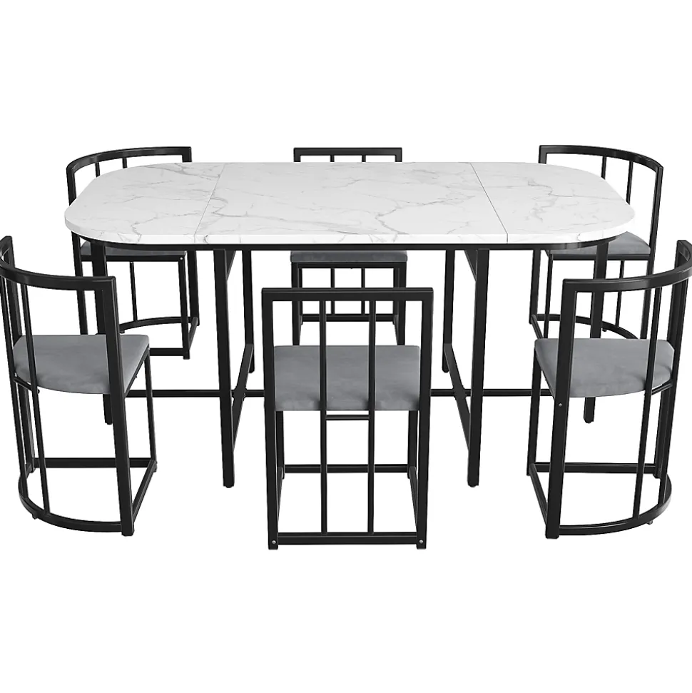 Ensemble table et chaises 180x90x75 cm avec 6 chaises, table MDF blanc, chaises velours gris, pied métal
