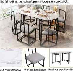 Ensemble table et chaises 180x90x75 cm avec 6 chaises, table MDF blanc, chaises velours gris, pied métal