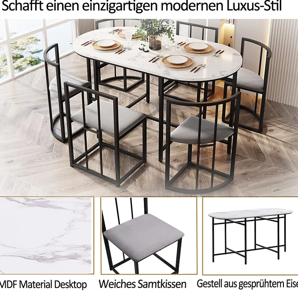 Ensemble table et chaises 180x90x75 cm avec 6 chaises, table MDF blanc, chaises velours gris, pied métal