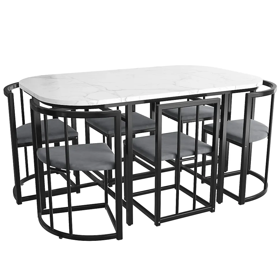 Ensemble table et chaises 180x90x75 cm avec 6 chaises, table MDF blanc, chaises velours gris, pied métal