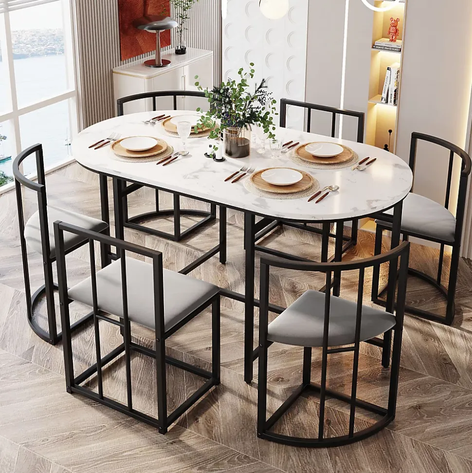 Ensemble table et chaises 180x90x75 cm avec 6 chaises, table MDF blanc, chaises velours gris, pied métal