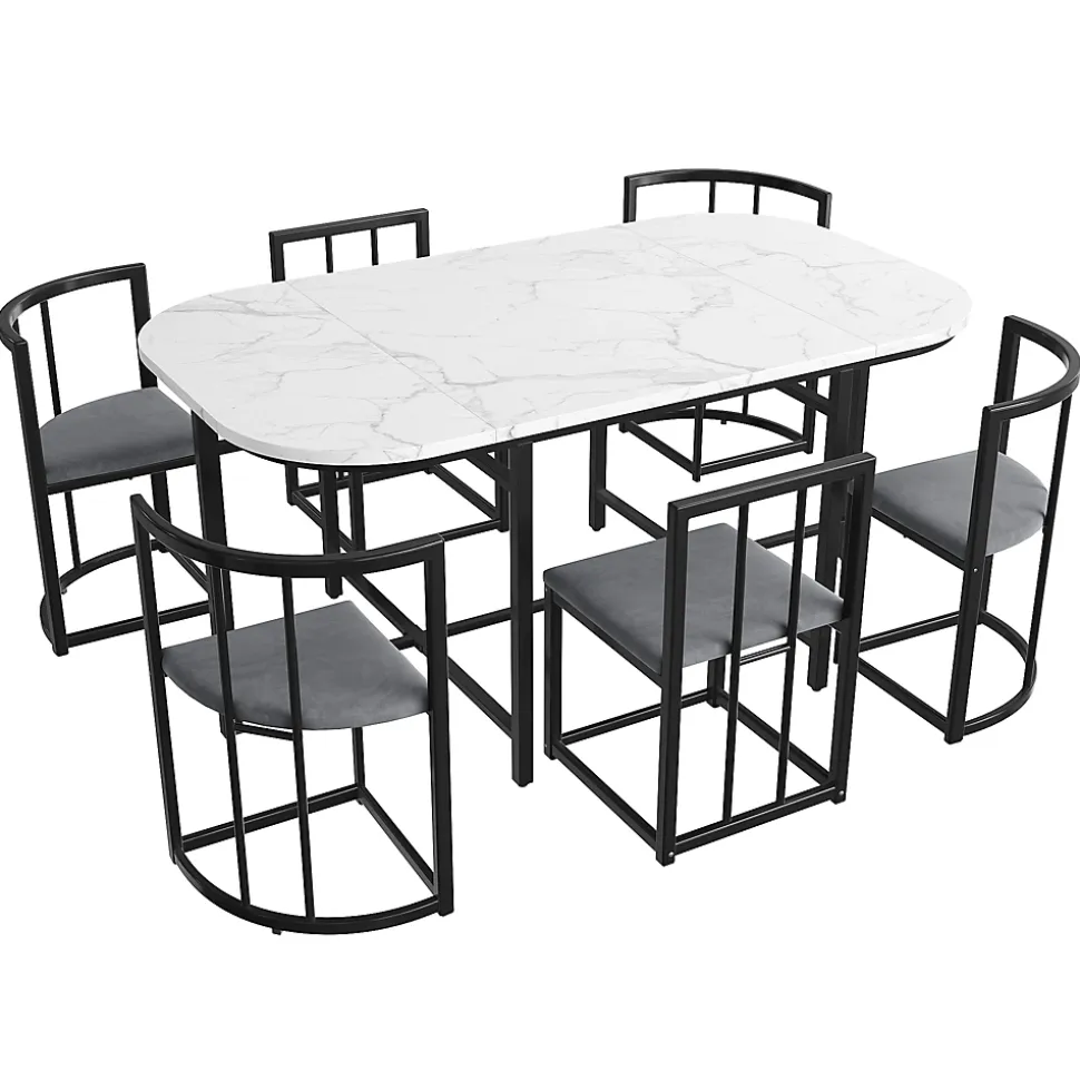 Ensemble table et chaises 180x90x75 cm avec 6 chaises, table MDF blanc, chaises velours gris, pied métal