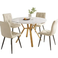 Ensemble table et chaises 100x75 cm avec 4 chaises velours vert et piétement métal doré, table ronde (MDF)