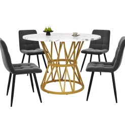 Ensemble table et chaises 100x76 cm avec 4 chaises assise rembourrée en velours, table ronde motif marbre et structure métal