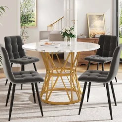 Ensemble table et chaises 100x76 cm avec 4 chaises assise rembourrée en velours, table ronde motif marbre et structure métal