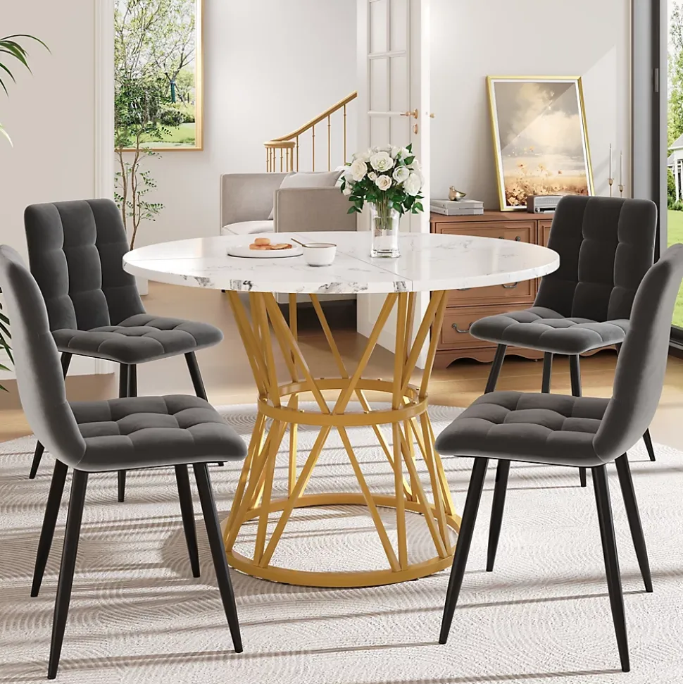 Ensemble table et chaises 100x76 cm avec 4 chaises assise rembourrée en velours, table ronde motif marbre et structure métal
