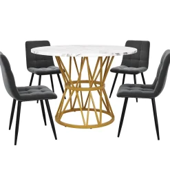 Ensemble table et chaises 100x76 cm avec 4 chaises assise rembourrée en velours, table ronde motif marbre et structure métal