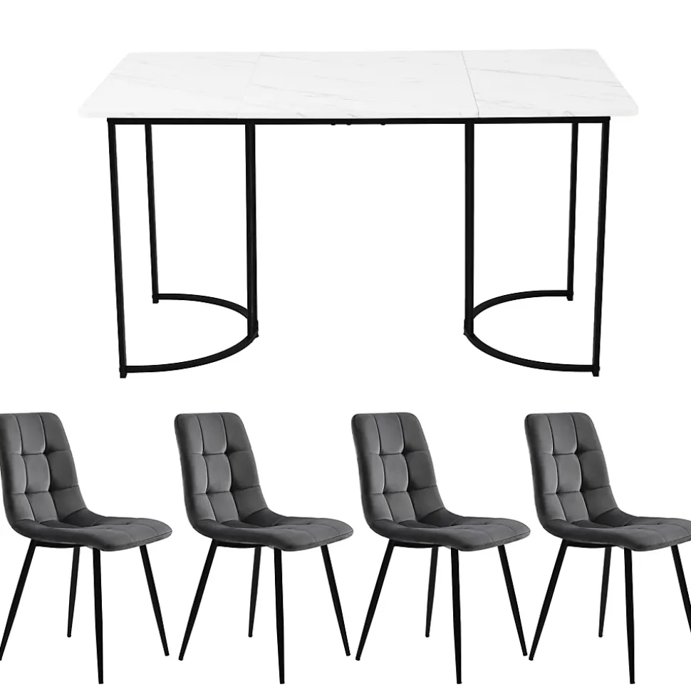 Ensemble table et chaises 140x80x75 cm avec 4 chaises assise rembourrée et table rectangulaire effet marbre