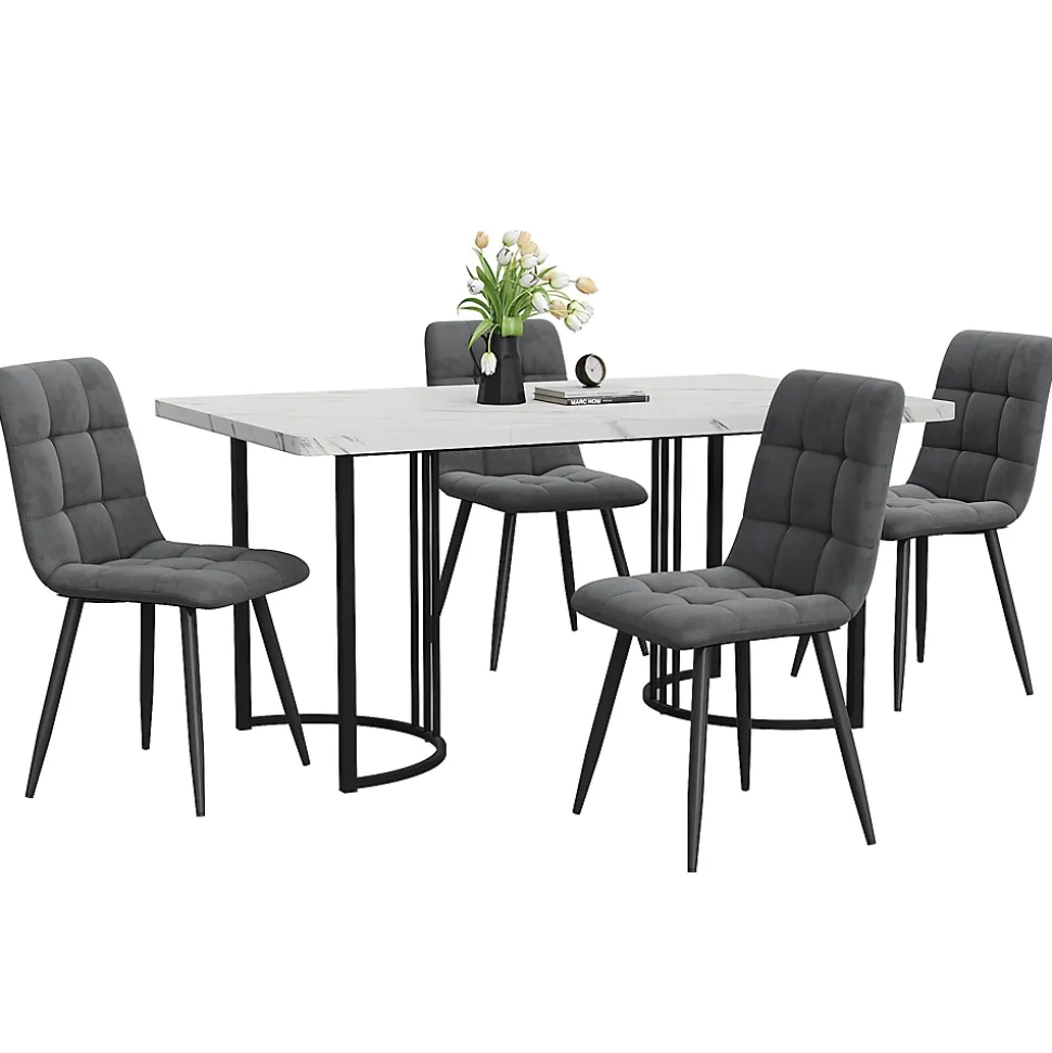 Ensemble table et chaises 140x80x75 cm avec 4 chaises assise rembourrée et table rectangulaire effet marbre