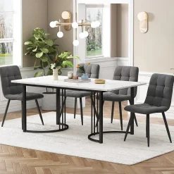 Ensemble table et chaises 140x80x75 cm avec 4 chaises assise rembourrée et table rectangulaire effet marbre