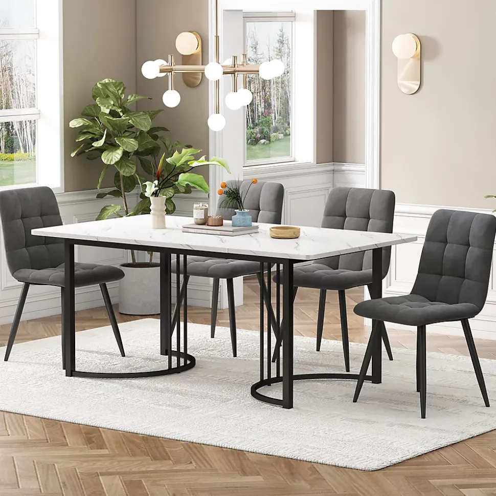 Ensemble table et chaises 140x80x75 cm avec 4 chaises assise rembourrée et table rectangulaire effet marbre