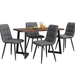 Ensemble table et chaises 117x68x75 cm avec 4 chaises, table MDF noyer, chaises rembourrées lin pieds métal