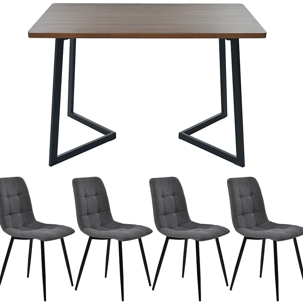 Ensemble table et chaises 117x68x75 cm avec 4 chaises, table MDF noyer, chaises rembourrées lin pieds métal