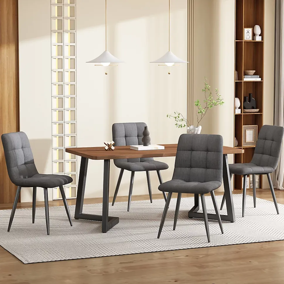 Ensemble table et chaises 117x68x75 cm avec 4 chaises, table MDF noyer, chaises rembourrées lin pieds métal