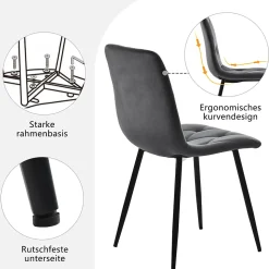 Ensemble Table et Chaises - Table Hexagonale et 4 Chaises Velours, Salle à Manger Moderne, Plateau Effet Marbre, Gris et Blanc