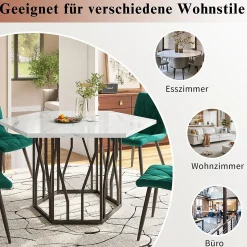 Ensemble Table et Chaises - Table Hexagonale et 4 Chaises Velours, Salle à Manger Moderne, Plateau Effet Marbre, Gris et Blanc