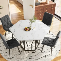 Ensemble Table et Chaises - Table Hexagonale et 4 Chaises Velours, Salle à Manger Moderne, Plateau Effet Marbre, Gris et Blanc