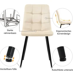 Ensemble Table et Chaises - Rectangulaire avec 4 Chaises Velours Rembourrées, MDF Métal, Beige, 117x68x75 cm