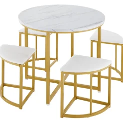 Ensemble table et chaises 80x75x75 cm avec 4 chaises assise velours, table ronde en MDF et structure métal doré
