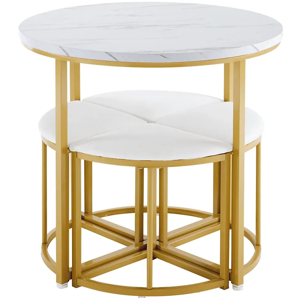 Ensemble table et chaises 80x75x75 cm avec 4 chaises assise velours, table ronde en MDF et structure métal doré