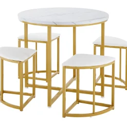 Ensemble table et chaises 80x75x75 cm avec 4 chaises assise velours, table ronde en MDF et structure métal doré
