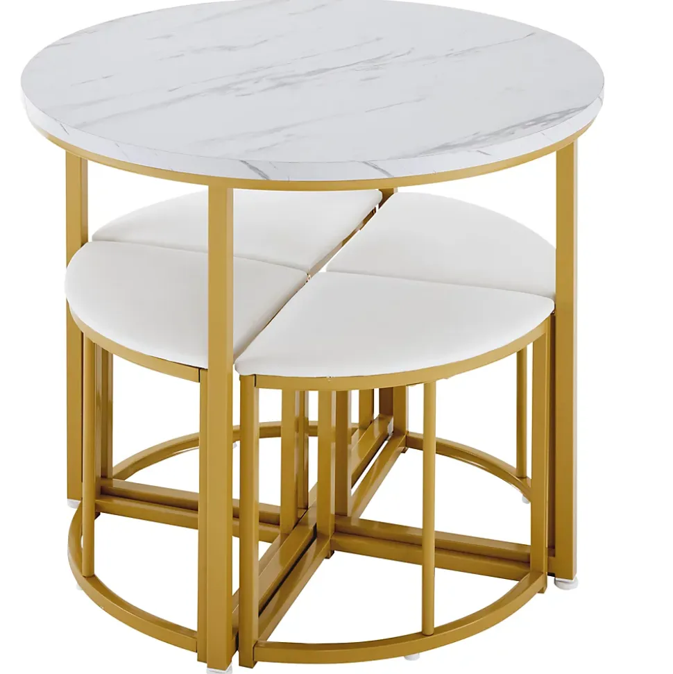 Ensemble table et chaises 80x75x75 cm avec 4 chaises assise velours, table ronde en MDF et structure métal doré