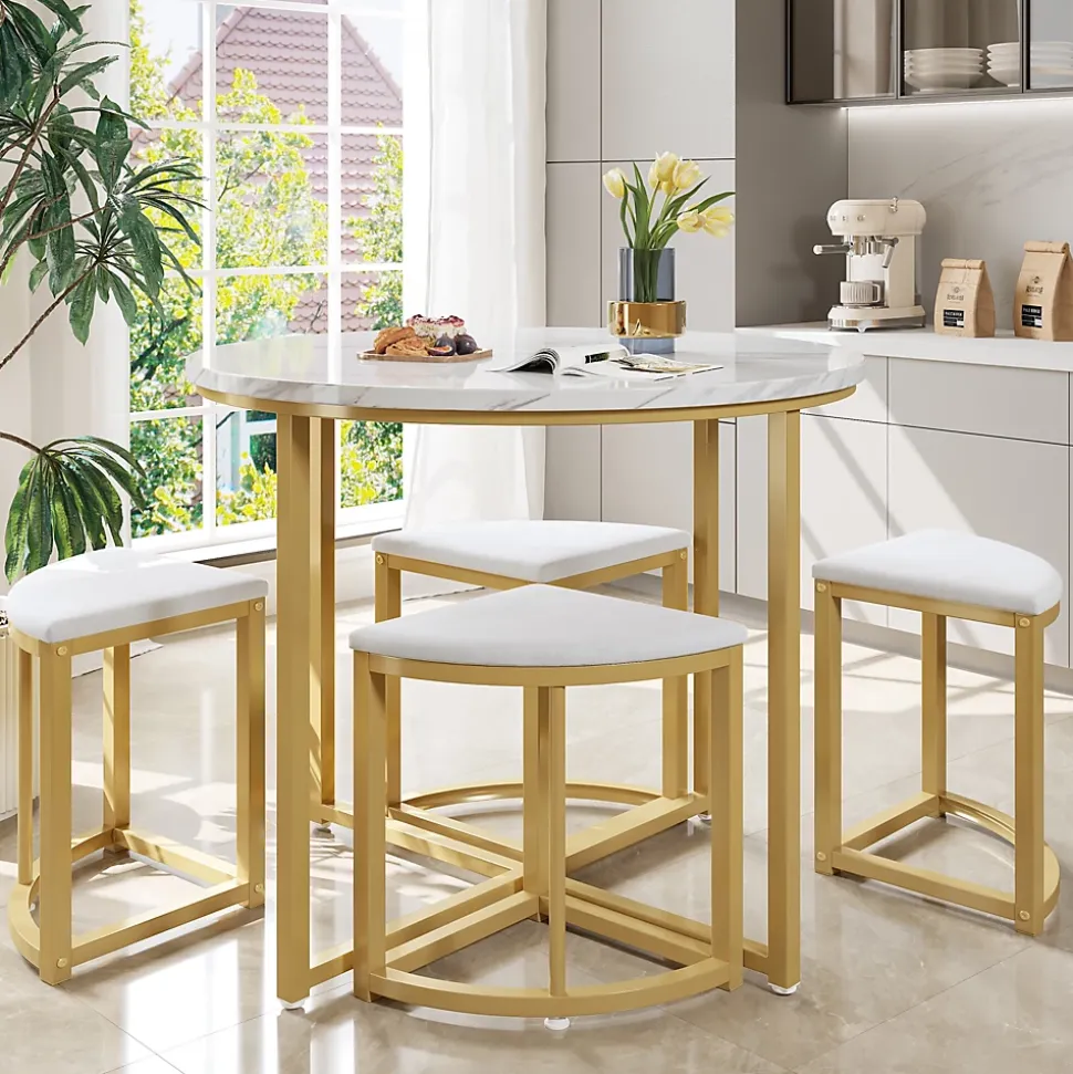 Ensemble table et chaises 80x75x75 cm avec 4 chaises assise velours, table ronde en MDF et structure métal doré