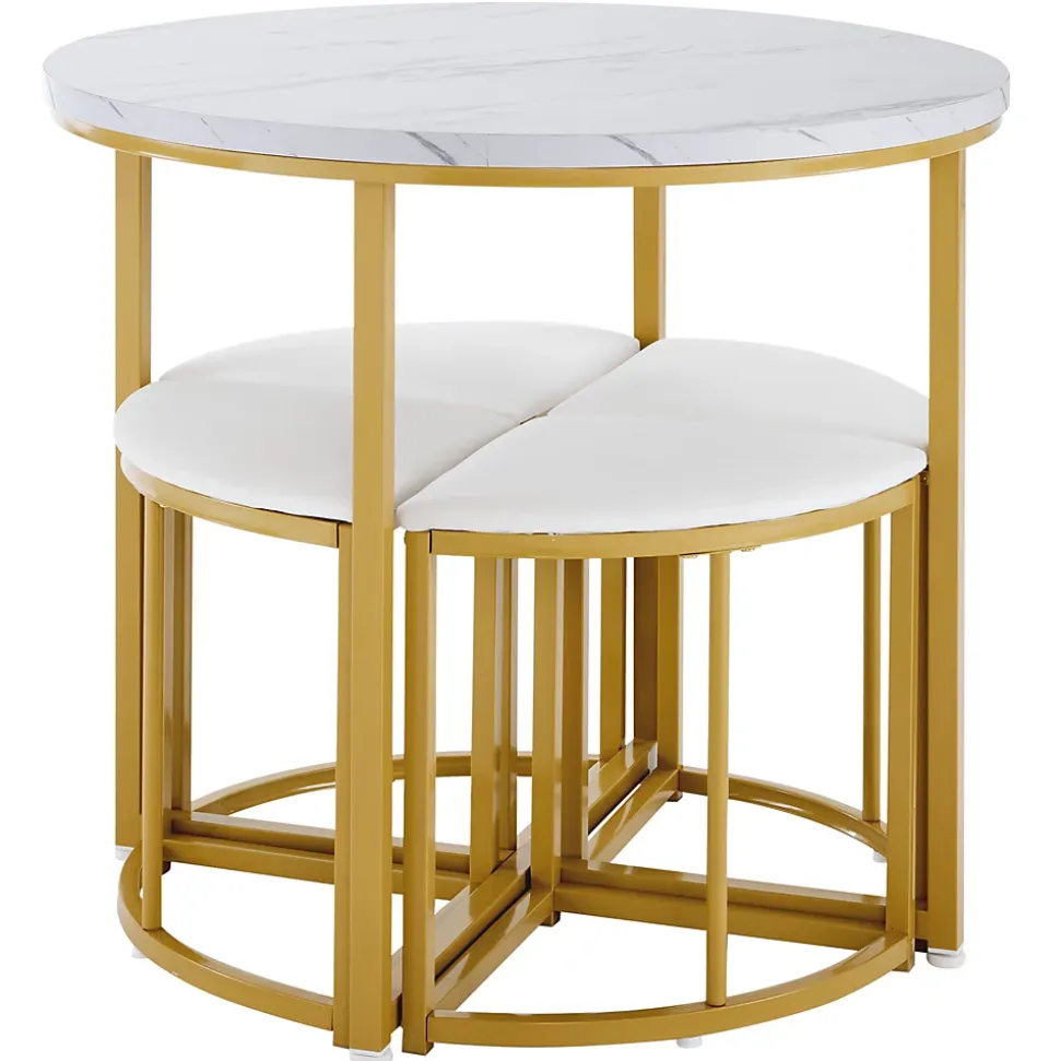 Ensemble table et chaises 80x75x75 cm avec 4 chaises assise velours, table ronde en MDF et structure métal doré