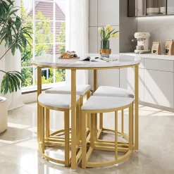 Ensemble table et chaises 80x75x75 cm avec 4 chaises assise velours, table ronde en MDF et structure métal doré