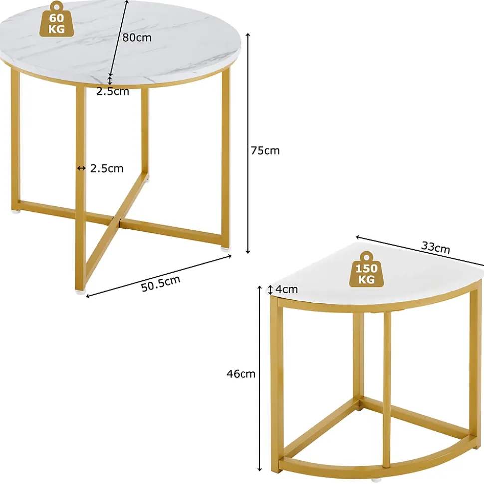 Ensemble table et chaises 80x75x75 cm avec 4 chaises assise velours, table ronde en MDF et structure métal doré