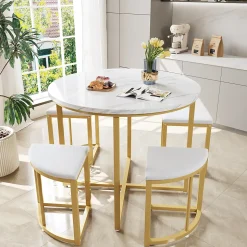 Ensemble table et chaises 80x75x75 cm avec 4 chaises assise velours, table ronde en MDF et structure métal doré