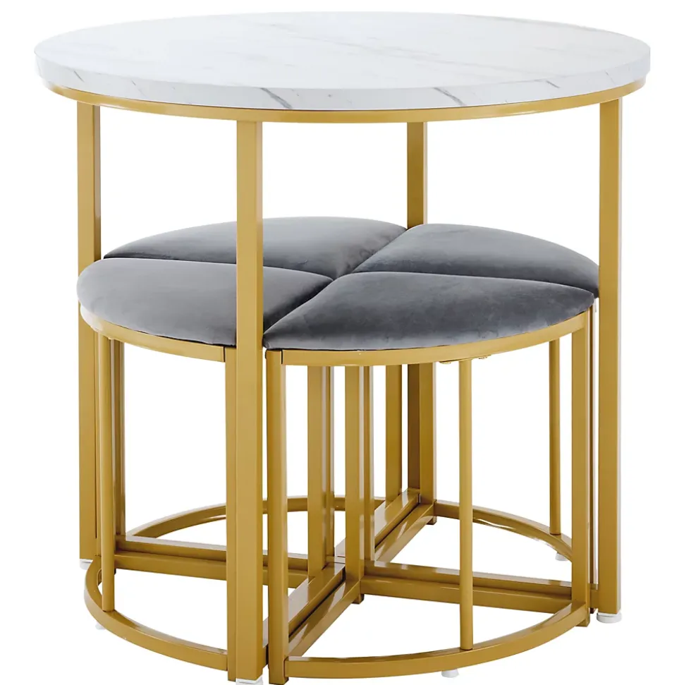 Ensemble table et chaises 80x75x75 cm table ronde MDF blanche avec 4 chaises velours gris métal doré