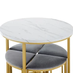 Ensemble table et chaises 80x75x75 cm table ronde MDF blanche avec 4 chaises velours gris métal doré