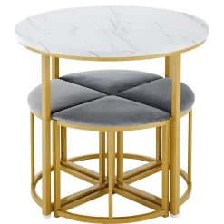 Ensemble table et chaises 80x75x75 cm table ronde MDF blanche avec 4 chaises velours gris métal doré