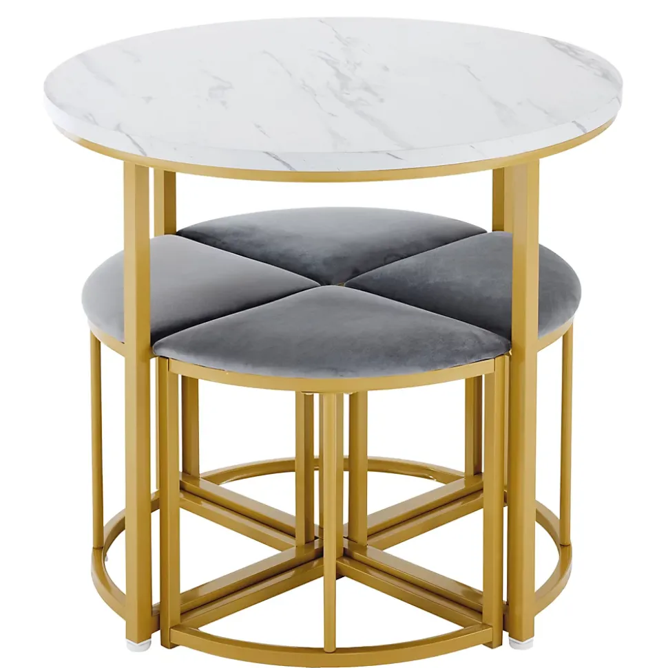 Ensemble table et chaises 80x75x75 cm table ronde MDF blanche avec 4 chaises velours gris métal doré