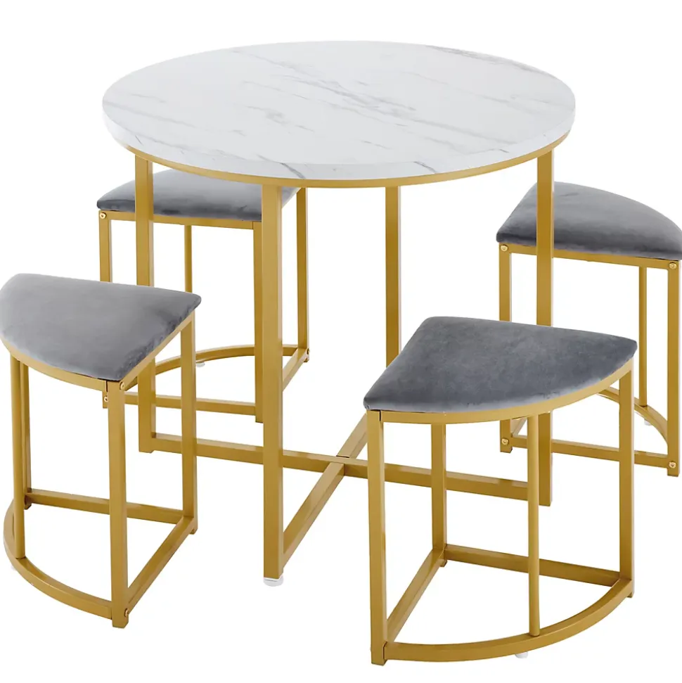 Ensemble table et chaises 80x75x75 cm table ronde MDF blanche avec 4 chaises velours gris métal doré
