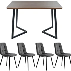 Ensemble table et chaises 117x68x75 cm avec 4 chaises, table rectangulaire MDF noyer, chaises velours