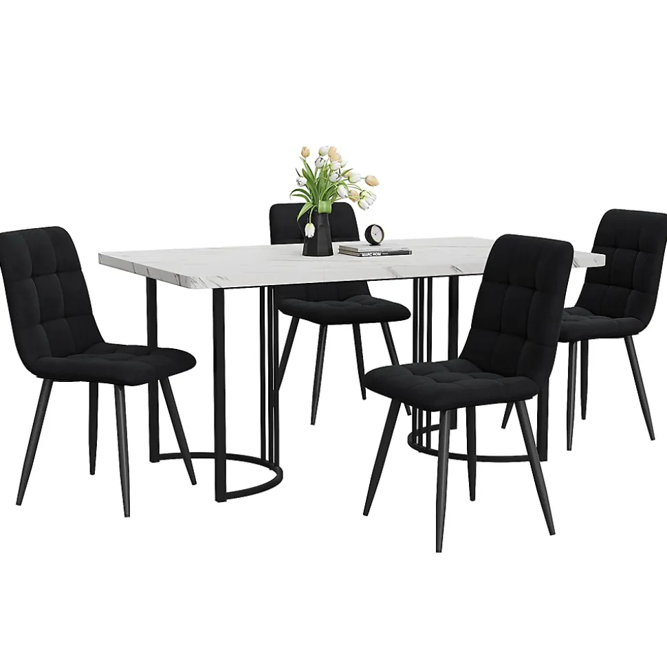 Ensemble table et chaises 140x80x75 cm avec 4 chaises, rectangulaire MDF effet marbre et assise velours