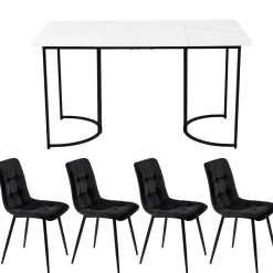 Ensemble table et chaises 140x80x75 cm avec 4 chaises, rectangulaire MDF effet marbre et assise velours